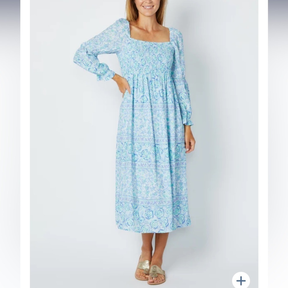 NWT Sail to Sable Square Neck Long Sleeve Midi Dress Small Blue Multi Floral